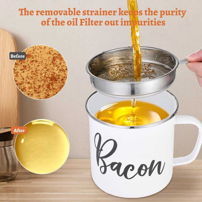 Fondpen Bacon Grease Container with Strainer - 15oz Enamel Grease Container, White Elephant Gifts For Kitchen Fat Storage, Dishwasher Safe- White - Image 3